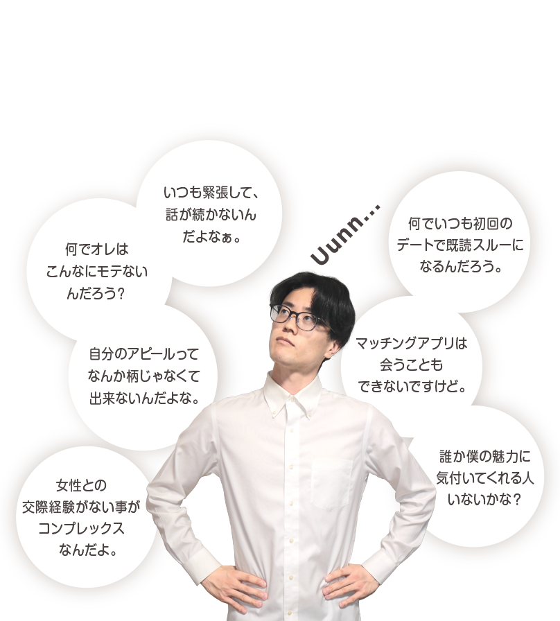 いつも緊張して、話が続かないんだよなぁ。 / 仕事は、安定しているのに何が気に入らないんだろう。 / アピールしたいんだけど、どうしたらいいんだ?本音は、デートじゃなくて、普通に恋愛したいんだけどなぁ。 / なんで、デートしても毎回、初回に断られてしまうんだろう。 / マッチングアプリなんか、会うこともできないですけど。 / まあ、悪いのは自分じゃなく相手だから、しょうがない。