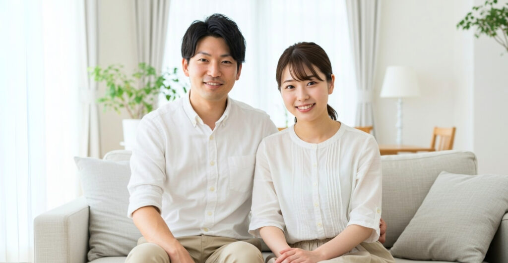 幸せそうにソファでくつろぐ30代日本人夫婦